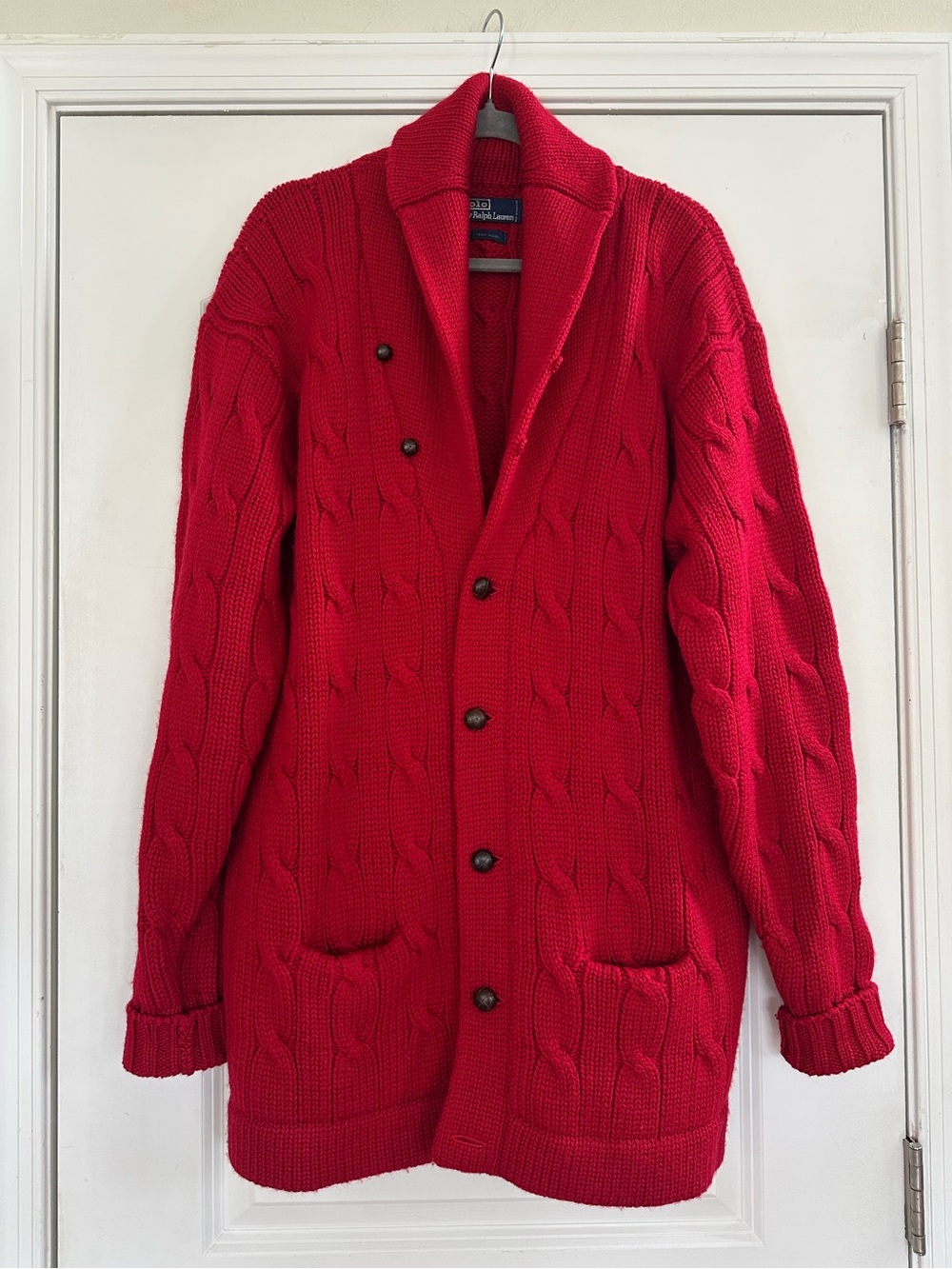 Polo Ralph Lauren Wool Shawl Collar Cable Knit Sweater Cardigan VTG Large Red